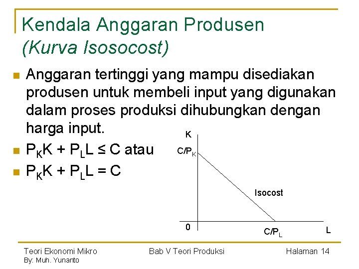 Kendala Anggaran Produsen (Kurva Isosocost) n n n Anggaran tertinggi yang mampu disediakan produsen