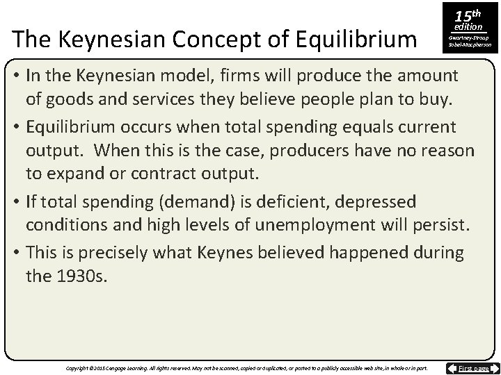 The Keynesian Concept of Equilibrium 15 th edition Gwartney-Stroup Sobel-Macpherson • In the Keynesian