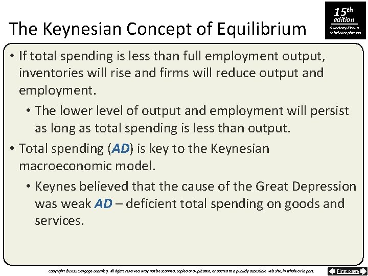 The Keynesian Concept of Equilibrium 15 th edition Gwartney-Stroup Sobel-Macpherson • If total spending