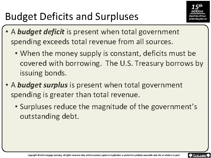 Budget Deficits and Surpluses 15 th edition Gwartney-Stroup Sobel-Macpherson • A budget deficit is