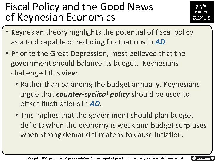 Fiscal Policy and the Good News of Keynesian Economics 15 th edition Gwartney-Stroup Sobel-Macpherson