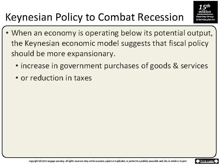Keynesian Policy to Combat Recession 15 th edition Gwartney-Stroup Sobel-Macpherson • When an economy