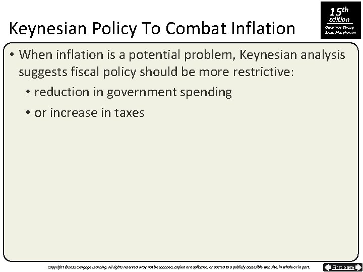 Keynesian Policy To Combat Inflation 15 th edition Gwartney-Stroup Sobel-Macpherson • When inflation is