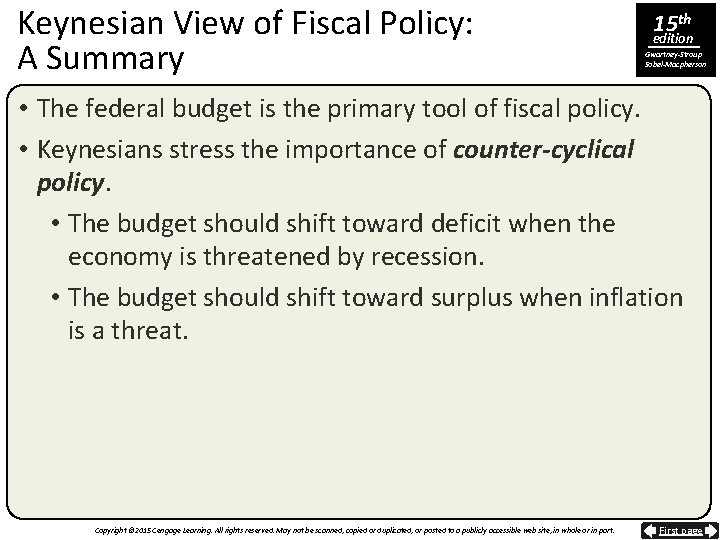Keynesian View of Fiscal Policy: A Summary 15 th edition Gwartney-Stroup Sobel-Macpherson • The