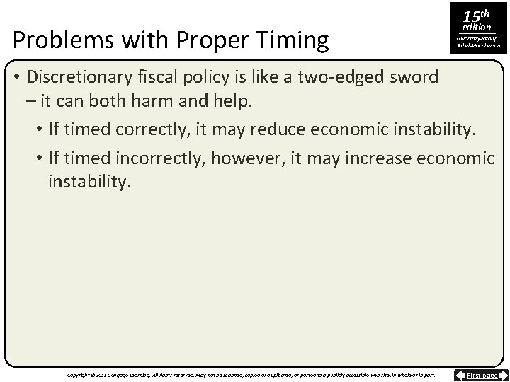 Problems with Proper Timing 15 th edition Gwartney-Stroup Sobel-Macpherson • Discretionary fiscal policy is