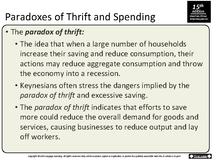 Paradoxes of Thrift and Spending 15 th edition Gwartney-Stroup Sobel-Macpherson • The paradox of