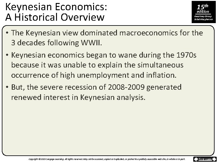 Keynesian Economics: A Historical Overview 15 th edition Gwartney-Stroup Sobel-Macpherson • The Keynesian view