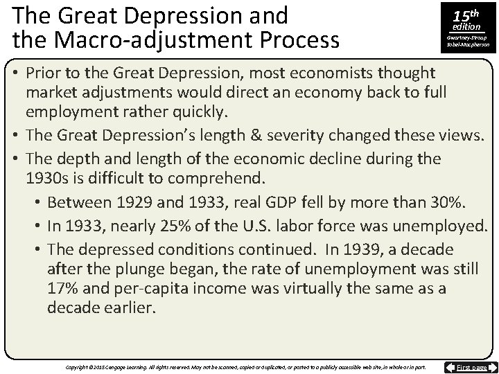 The Great Depression and the Macro-adjustment Process 15 th edition Gwartney-Stroup Sobel-Macpherson • Prior