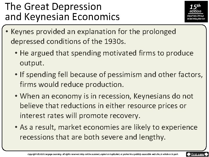 The Great Depression and Keynesian Economics 15 th edition Gwartney-Stroup Sobel-Macpherson • Keynes provided