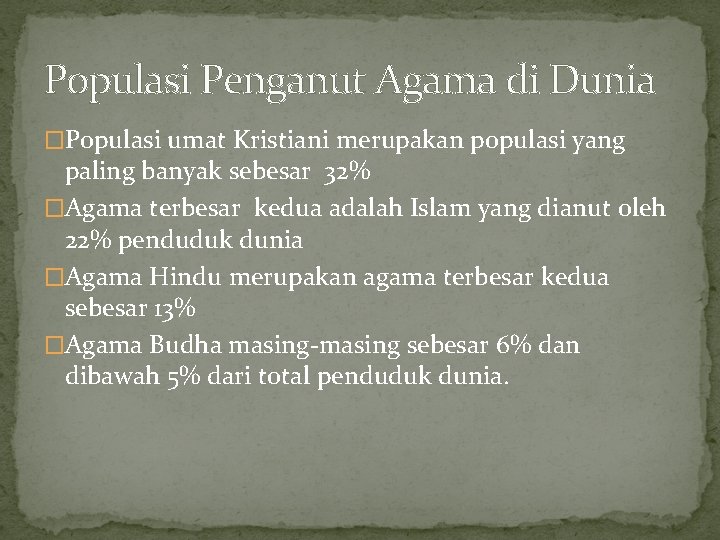 Populasi Penganut Agama di Dunia �Populasi umat Kristiani merupakan populasi yang paling banyak sebesar