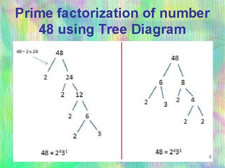 Prime factorization of number 48 using Tree Diagram 8 