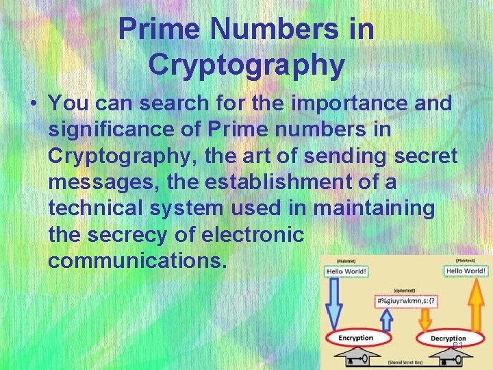 Prime Numbers in Cryptography • You can search for the importance and significance of