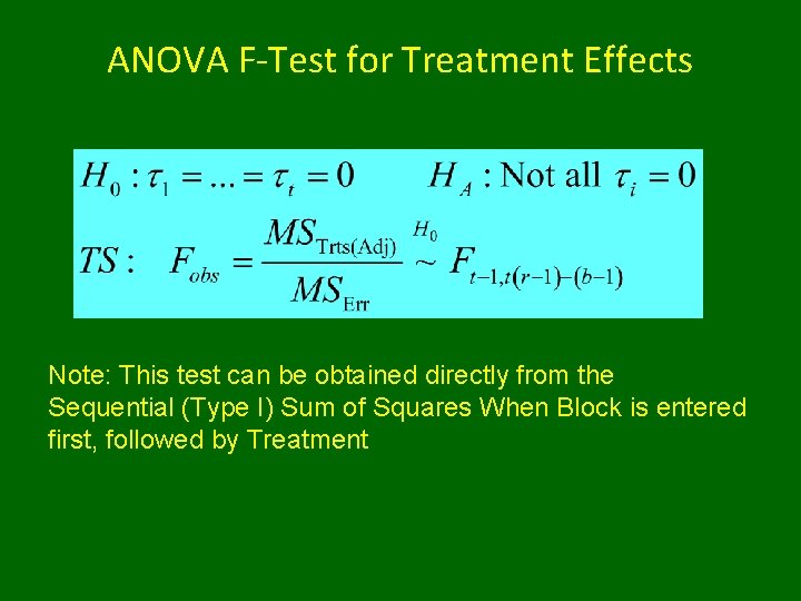 ANOVA F-Test for Treatment Effects Note: This test can be obtained directly from the