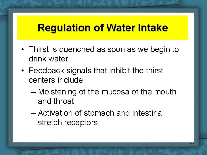 Regulation of Water Intake • Thirst is quenched as soon as we begin to