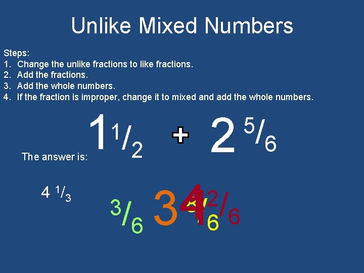 Unlike Mixed Numbers Steps: 1. Change the unlike fractions to like fractions. 2. Add