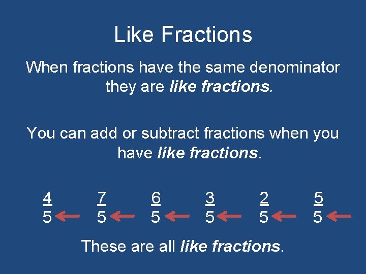 Like Fractions When fractions have the same denominator they are like fractions. You can