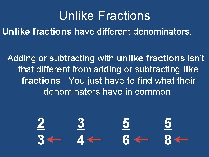 Unlike Fractions Unlike fractions have different denominators. Adding or subtracting with unlike fractions isn’t