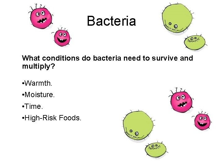 Bacteria What conditions do bacteria need to survive and multiply? • Warmth. • Moisture.