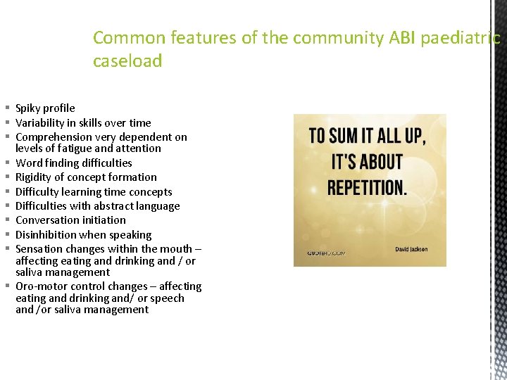 Common features of the community ABI paediatric caseload § Spiky profile § Variability in