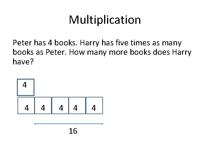 Multiplication Peter has 4 books. Harry has five times as many books as Peter.