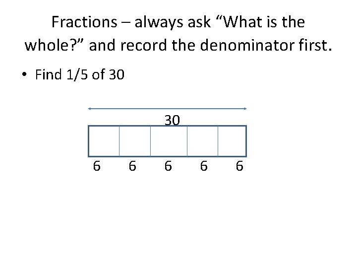 Fractions – always ask “What is the whole? ” and record the denominator first.