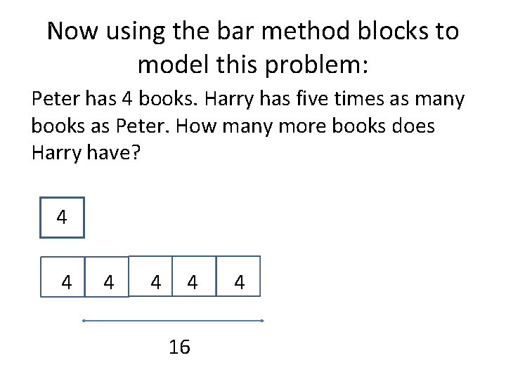 Now using the bar method blocks to model this problem: Peter has 4 books.