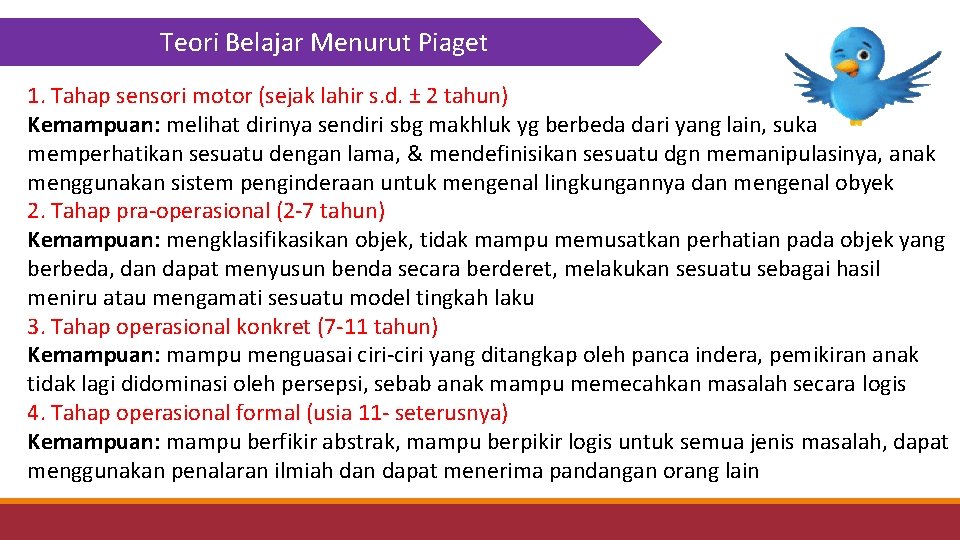 Teori Belajar Menurut Piaget 1. Tahap sensori motor (sejak lahir s. d. ± 2