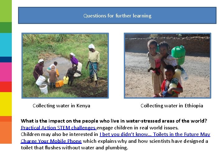 Questions for further learning Collecting water in Kenya Collecting water in Ethiopia What is