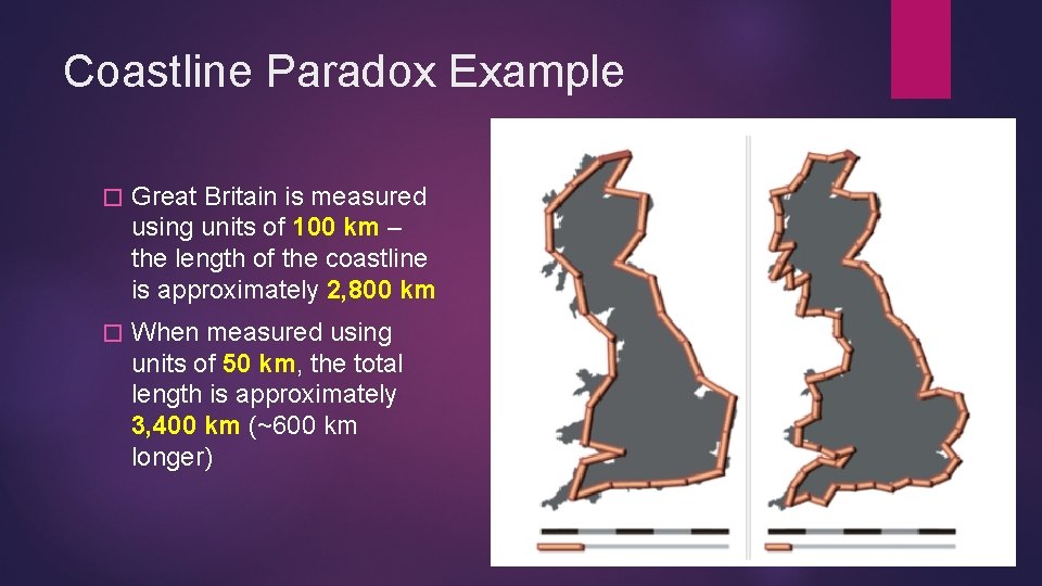 Coastline Paradox Example � Great Britain is measured using units of 100 km –