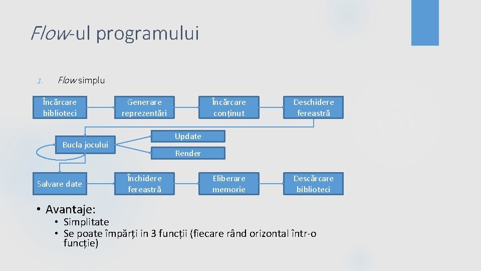 Flow-ul programului 1. Flow simplu Încărcare biblioteci Generare reprezentări • Avantaje: Deschidere fereastră Eliberare