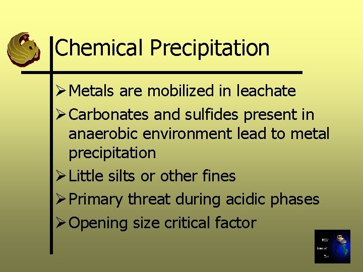 Chemical Precipitation Ø Metals are mobilized in leachate Ø Carbonates and sulfides present in