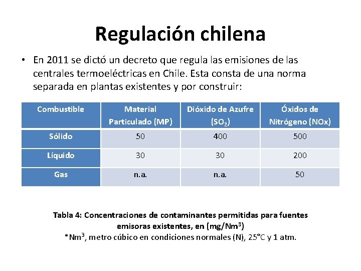 Regulación chilena • En 2011 se dictó un decreto que regula las emisiones de