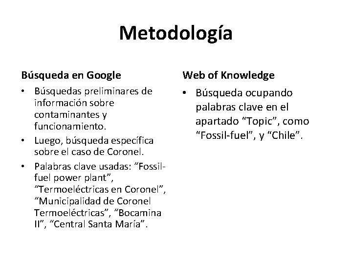 Metodología Búsqueda en Google Web of Knowledge • Búsquedas preliminares de información sobre contaminantes