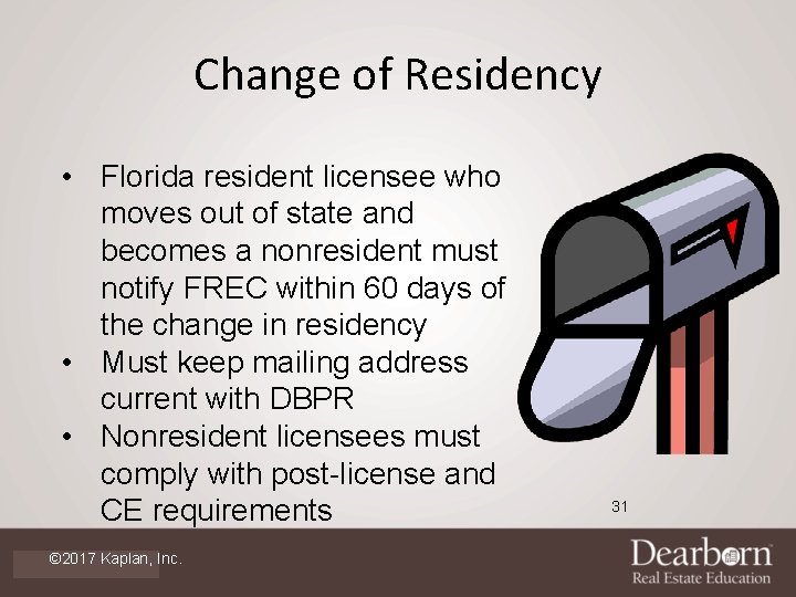 Change of Residency • Florida resident licensee who moves out of state and becomes