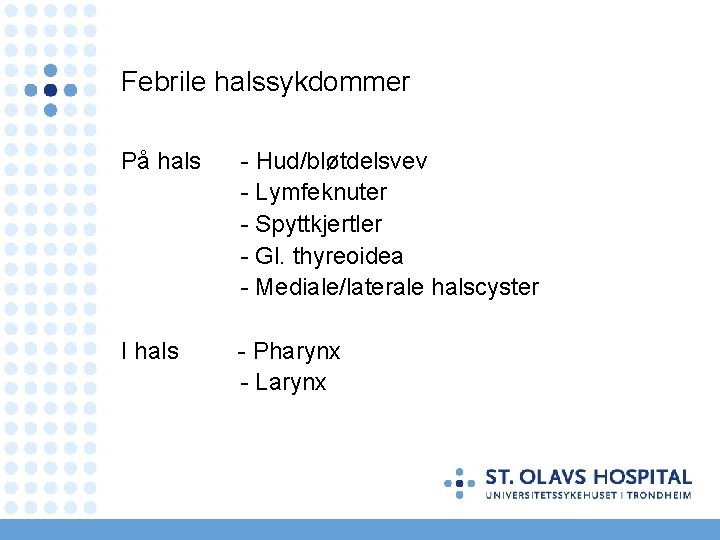 Febrile halssykdommer På hals - Hud/bløtdelsvev - Lymfeknuter - Spyttkjertler - Gl. thyreoidea -