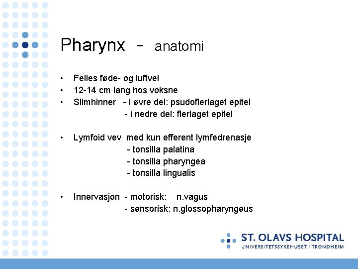 Pharynx - anatomi • • • Felles føde- og luftvei 12 -14 cm lang