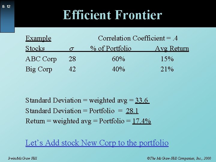 8 - 12 Efficient Frontier Example Stocks ABC Corp Big Corp s 28 42