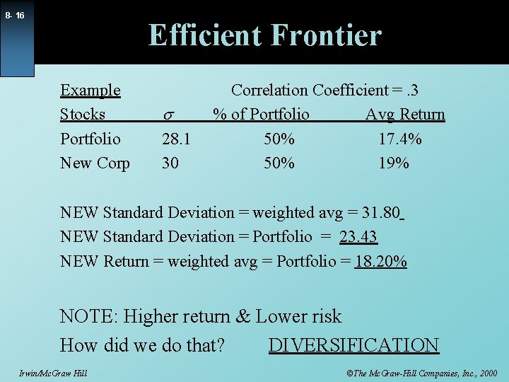 8 - 16 Efficient Frontier Example Stocks Portfolio New Corp s 28. 1 30