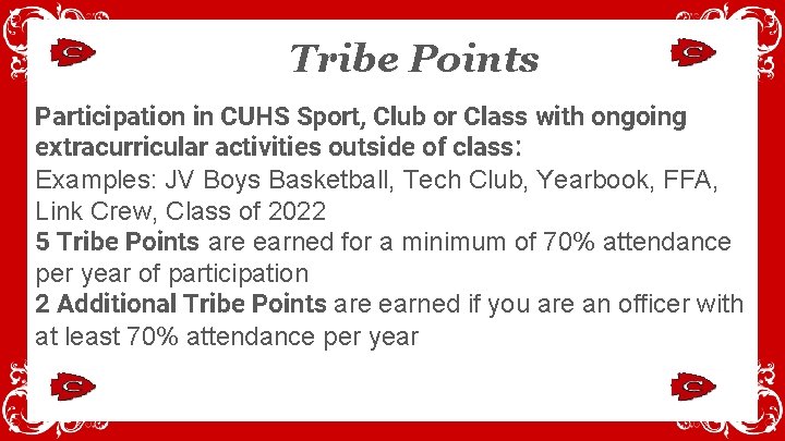 Tribe Points Participation in CUHS Sport, Club or Class with ongoing extracurricular activities outside