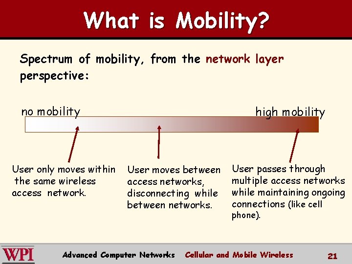 What is Mobility? Spectrum of mobility, from the network layer perspective: no mobility User What is Mobility? Spectrum of mobility, from the network layer perspective: no mobility User