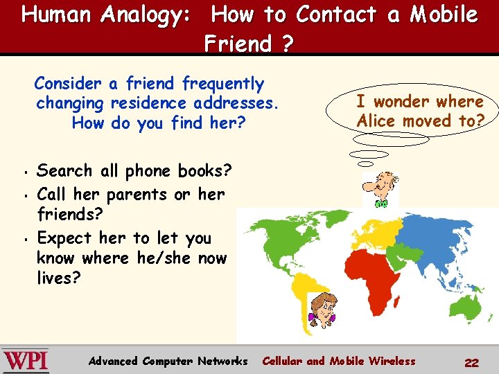 Human Analogy: How to Contact a Mobile Friend ? Consider a friend frequently changing