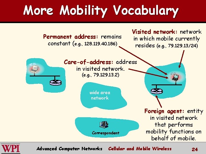 More Mobility Vocabulary Permanent address: remains constant (e. g. , 128. 119. 40. 186)