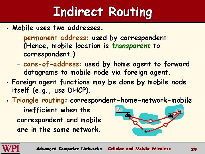 Indirect Routing § § § Mobile uses two addresses: – permanent address: used by