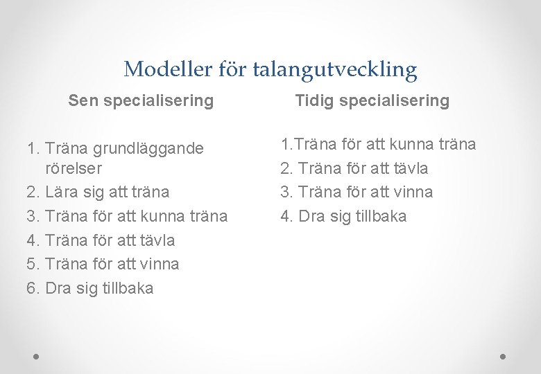 Modeller för talangutveckling Sen specialisering 1. Träna grundläggande rörelser 2. Lära sig att träna