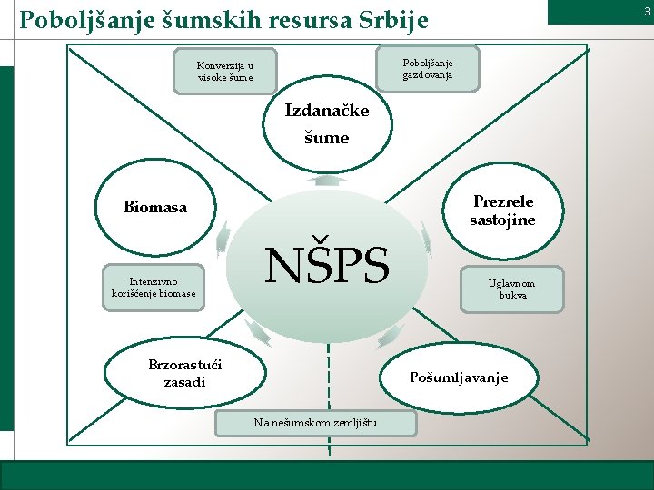 Poboljšanje šumskih resursa Srbije 3 Poboljšanje gazdovanja Konverzija u visoke šume Izdanačke šume Biomasa