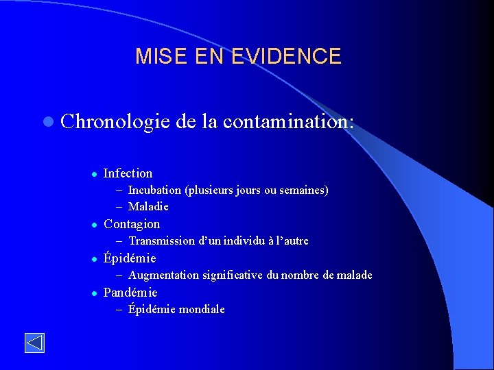 MISE EN EVIDENCE l Chronologie l de la contamination: Infection – Incubation (plusieurs jours
