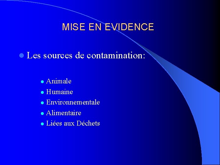 MISE EN EVIDENCE l Les sources de contamination: Animale l Humaine l Environnementale l