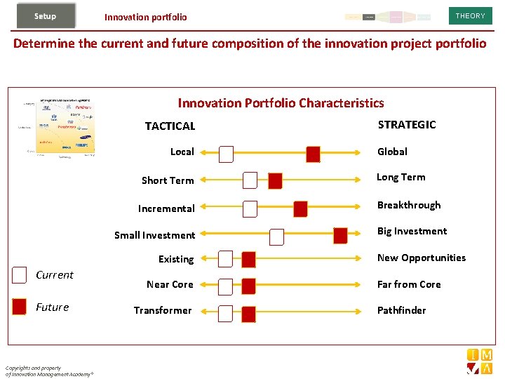 Innovation portfolio THEORY Determine the current and future composition of the innovation project portfolio