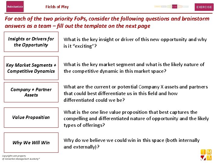 Fields of Play EXERCISE For each of the two priority Fo. Ps, consider the