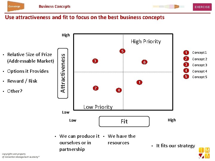 Business Concepts EXERCISE Use attractiveness and fit to focus on the best business concepts